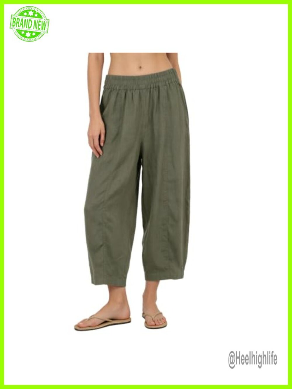Womens 100% Linen Wide Leg Ankle Pants Elastic Waist Crop